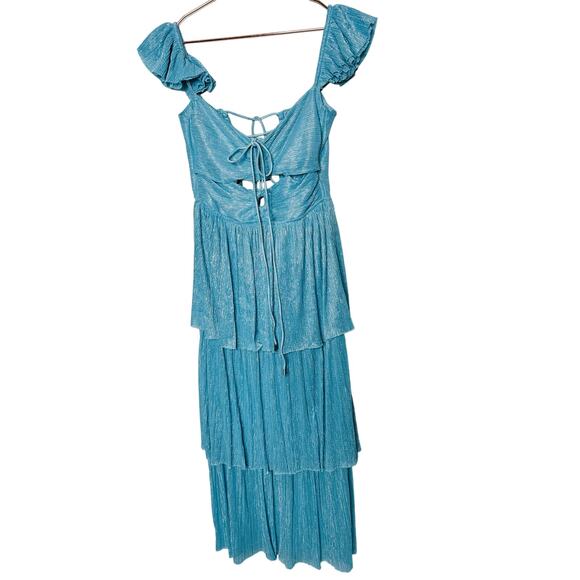 SABINA MUSAYEV Light Blue Metallic Corseted Back Keyhole Cutout Amandea Dress M - Picture 3 of 16